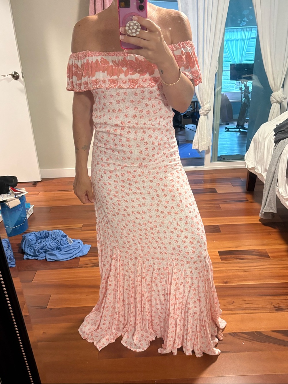 Elegant Pink Floral Off-Shoulder Maxi Dress